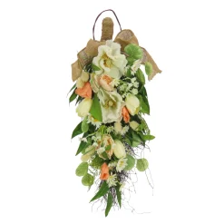 National Tree Company 26 in. Spring Teardrop Wall Hanging Decoration with Tulip Blooms, Poppies, Buttercup Blossoms, Flowing Green Stems