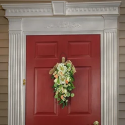 National Tree Company 26 in. Spring Teardrop Wall Hanging Decoration with Tulip Blooms, Poppies, Buttercup Blossoms, Flowing Green Stems