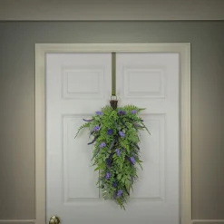 National Tree Company 30 in. Spring Teardrop Wall Hanging Decoration with Astilbe Flower Blooms, Ferns, Leafy Greens