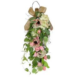 National Tree Company 26 in. Spring Teardrop Wall Hanging Decoration with Hydrangea and Tulip Blooms, Eucalyptus Leaves, Flowing Green Stems