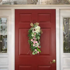 National Tree Company 26 in. Spring Teardrop Wall Hanging Decoration with Hydrangea and Tulip Blooms, Eucalyptus Leaves, Flowing Green Stems