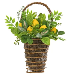 National Tree Company 21 in. Spring Wall Hanging Basket with Lemons, Seed Pods, Leafy Greens