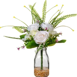 National Tree Company 12 in. Spring White Roses Flower Bouquet in Glass Vase with Leafy Greens