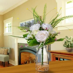 National Tree Company 12 in. Spring White Roses Flower Bouquet in Glass Vase with Leafy Greens