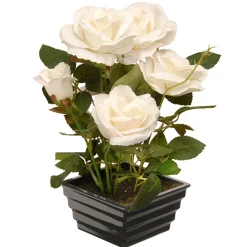 National Tree Company 11 in. Spring White Roses Flower Potted Plant in a Black Base