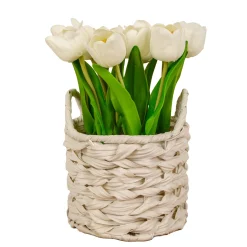 National Tree Company 10 in. Spring White Tulip Bouquet in White Basket