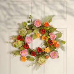 National Tree Company 22 in. Spring Wreath with Assorted Flowers, Fern Fronds, and Leafy Greens