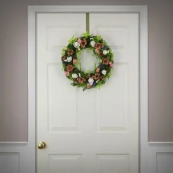 National Tree Company 18 in. Spring Wreath with Assorted Flower Blooms, Roses, Seed Pods, Flowing Green Stems