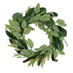 National Tree Company 22 in. Spring Wreath with Eucalyptus Leaves, Magnolia Blooms, Flowing Green Stems