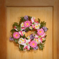 National Tree Company 18 in. Spring Wreath with Multicolor Daisy and Tiger Lily Blooms, Leafy Greens, Berry Clusters