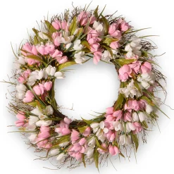 National Tree Company 21 in. Spring Wreath with Pink and White Tulips, Flowing Green Stems