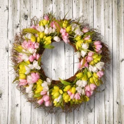 National Tree Company 21 in. Spring Wreath with Pink, Yellow and White Tulips