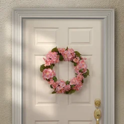 National Tree Company 24 in. Spring Wreath with Pink Hydrangea Blooms, Berry Clusters, Leafy Greens