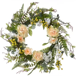 National Tree Company 20 in. Spring Wreath with Pink and White Flower Blooms, Yellow Berry Clusters, Fern Fronds