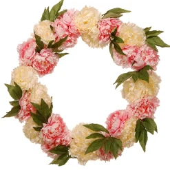 National Tree Company 24 in. Spring Wreath with Pink and White Peony Blooms, Leafy Greens
