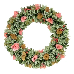 National Tree Company 18 in. Spring Wreath with Pink and Brown Assorted Wood Cut Flowers, Flowing Green Leaves