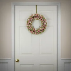 National Tree Company 18 in. Spring Wreath with Pink and Green Assorted Wood Cut Flowers, Flowing Green Leaves