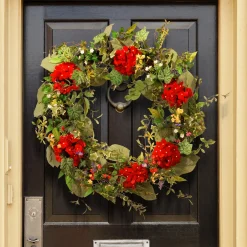 National Tree Company 32 in. Spring Wreath with Red Flower Blooms, Flowing Green Stems