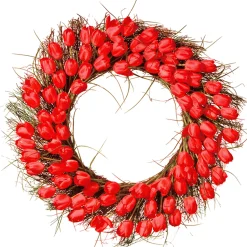 National Tree Company 32 in. Spring Wreath with Red Tulip Blooms, Flowing Green Stems