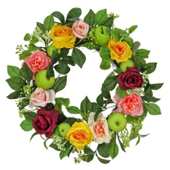 National Tree Company 22 in. Spring Wreath with Rose and Peony Blooms, Apples, Leafy Greens