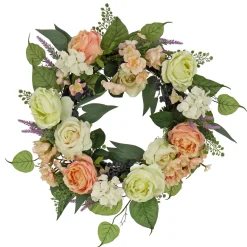 National Tree Company 24 in. Spring Wreath with Rose and Peony Flower Blooms, Leafy Greens