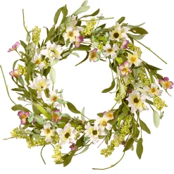 National Tree Company 20 in. Spring Wreath with White and Purple Mixed Flower Blooms, Flowing Green Stems, Seed Pods