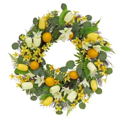 National Tree Company 22 in. Spring Wreath with Yellow Tulip Blooms, Lemons, and Forsythia Flower Blossoms