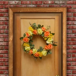 National Tree Company 20 in. Spring Wreath with Yellow and Orange Rose Blooms, Seed Pods, Berry Clusters, Leafy Greens