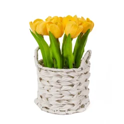National Tree Company 10 in. Spring Yellow Tulip Bouquet in White Basket