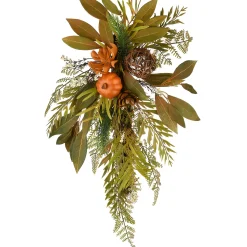 National Tree Company 26 in. Wall Flower Swag Fall Decoration with Fern Fronds, Leaves, Pumpkins, Twig Cones