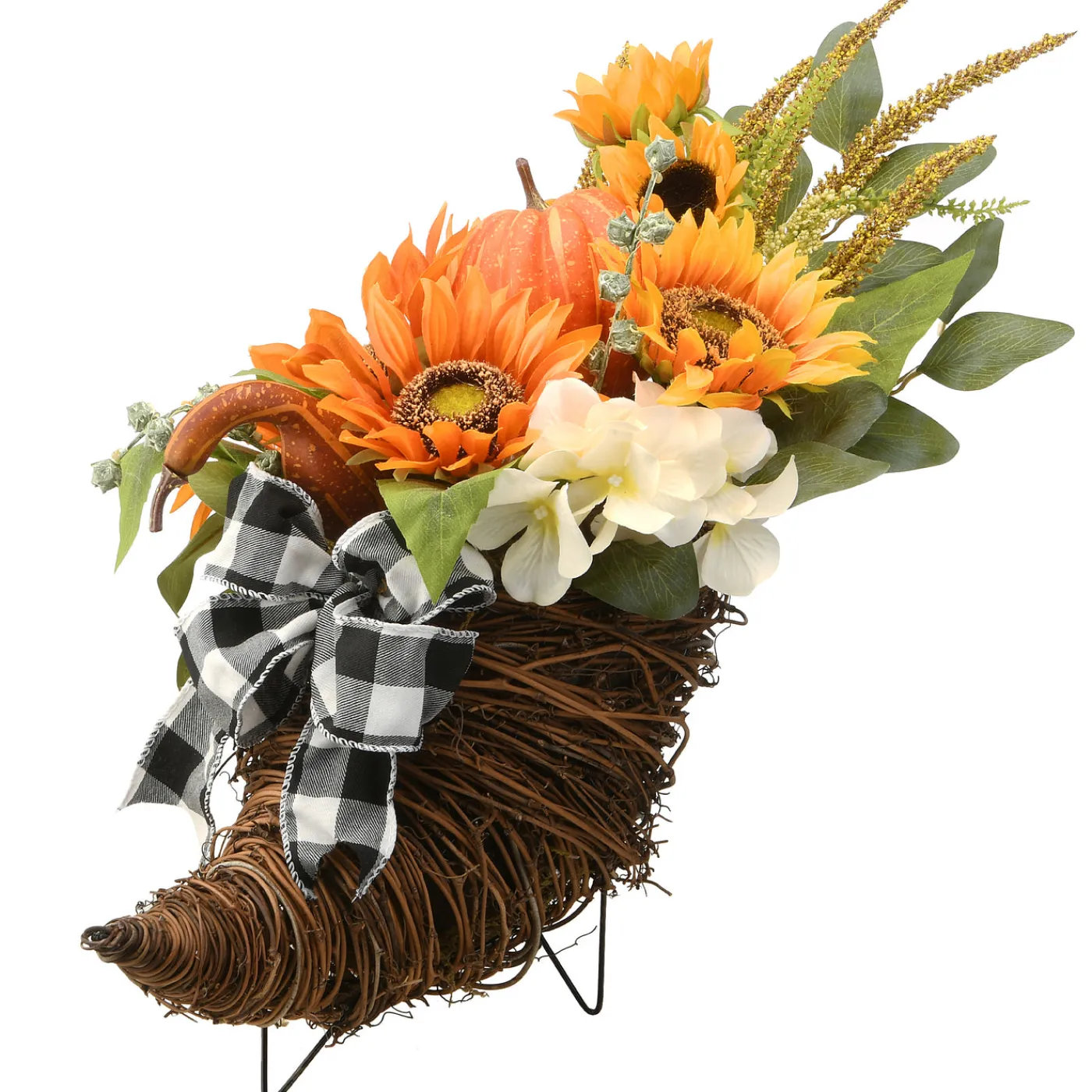 National Tree Company 20 in. Wicker Cornucopia Basket Decoration with Pumpkins, Sunflower Blooms, Assorted Leaves