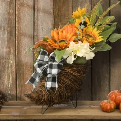 National Tree Company 20 in. Wicker Cornucopia Basket Decoration with Pumpkins, Sunflower Blooms, Assorted Leaves