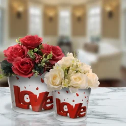 National Tree Company 2 Piece Valentine's 'LOVE' Tin Pots Decorated with Red Hearts