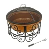 National Tree Company 30in. Copper Finish Steel Outdoor Fire Pit with Ornate Black Stand, Screen Cover, Fire Poker