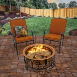 National Tree Company 30in. Copper Finish Steel Outdoor Fire Pit with Ornate Black Stand, Screen Cover, Fire Poker