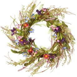National Tree Company 20in. Spring Wreath with Blue, Red and Pink Mixed Flower Blooms, Flowing Green Stems, Seed Pods