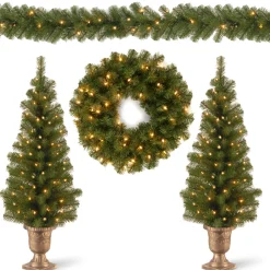 National Tree Company Pre-Lit Evergreen Assortment Set of 2 Entrance Trees, 1 Wreath, 1 Garland