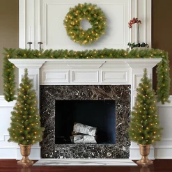 National Tree Company Pre-Lit Evergreen Assortment Set of 2 Entrance Trees, 1 Wreath, 1 Garland