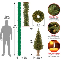National Tree Company Pre-Lit Evergreen Assortment Set of 2 Entrance Trees, 1 Wreath, 1 Garland