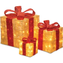 National Tree Company Pre-Lit Gold Gift Boxes, Set of Three, 105 White Lights