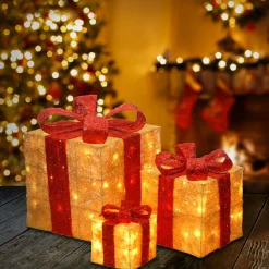 National Tree Company Pre-Lit Gold Gift Boxes, Set of Three, 105 White Lights