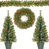 National Tree Company Pre-Lit Promotional Green Assortment Set of 2 Entrance Trees, 1 Wreath, 1 Garland