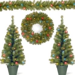 National Tree Company Pre-Lit Promotional Green Assortment Set of 2 Entrance Trees, 1 Wreath, 1 Garland