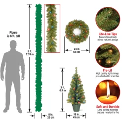 National Tree Company Pre-Lit Promotional Green Assortment Set of 2 Entrance Trees, 1 Wreath, 1 Garland
