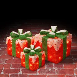 National Tree Company Pre-Lit Red and White Gift Boxes, Set of Three, White Lights