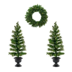 National Tree Company Pre-Lit Warm Welcome Assortment Set of 2 Entrance Trees, 1 Wreath